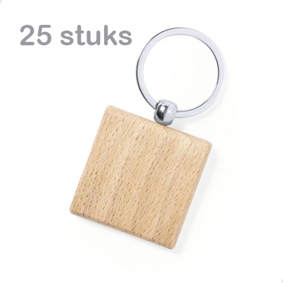 25 stuks Sleutelhangers Vierkant - Promopack - Sleutelhanger in hout - Beuk - Blanco - DIY - Ideaal als bedankje - Relatiegeschenk - Gadget - te personaliseren/graveren