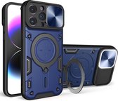 Hoesje met Camera Slider Geschikt voor de Apple iPhone 15 Pro Max - Back Cover met Standaard - Uitklapbare Kickstand Ring - Beschermhoes TPU - Magneet voor Auto Houder Blauw