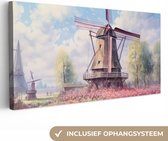 Canvas Schilderij Molen - Tulpen - Bloemen - Landschap - Hollands - 40x20 cm - Wanddecoratie