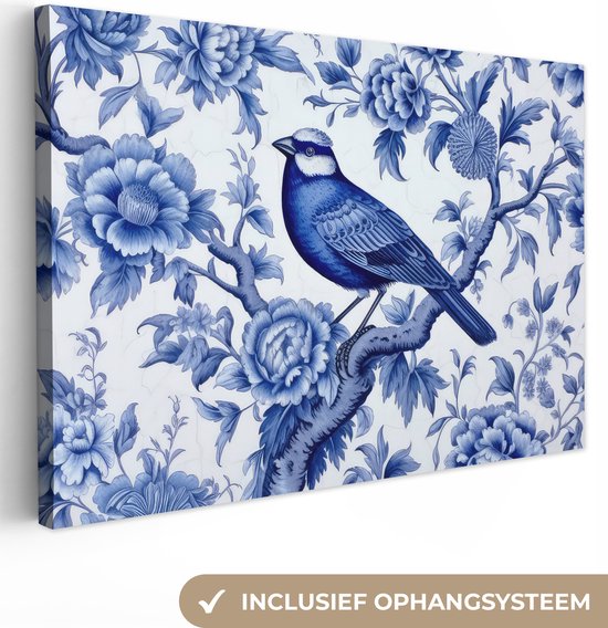 Canvas Schilderij Vogel - Bloemen - Delfts blauw - Kunst - Hollands - 60x40 cm - Wanddecoratie