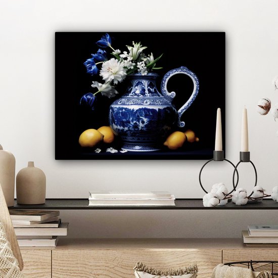 Peinture sur toile Nature morte - Cruche - Bleu de Delft - Fruits - Fleurs - 40x30 cm - Décoration murale