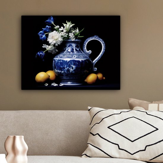 Peinture sur toile Nature morte - Cruche - Bleu de Delft - Fruits - Fleurs - 40x30 cm - Décoration murale