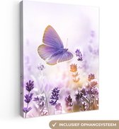 Canvas Schilderij Lavendel - Vlinder - Paars - Bloemen - Natuur - 30x40 cm - Wanddecoratie
