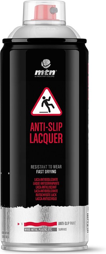Aérosol noir avec bouchon rouge. Texte: MTN Pro Anti-slip Lacquer, Resistant to Wear, Fast Drying.