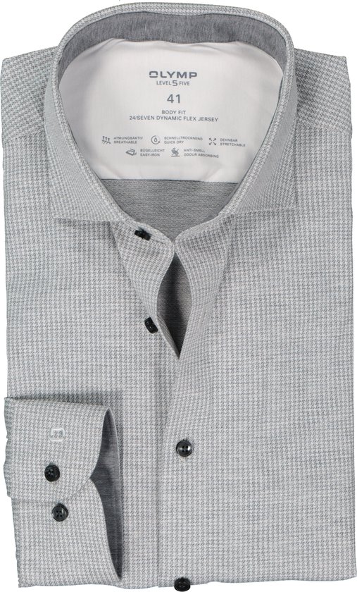 Olymp Level Five 24/Seven extra lange mouw body fit overhemd Grijs