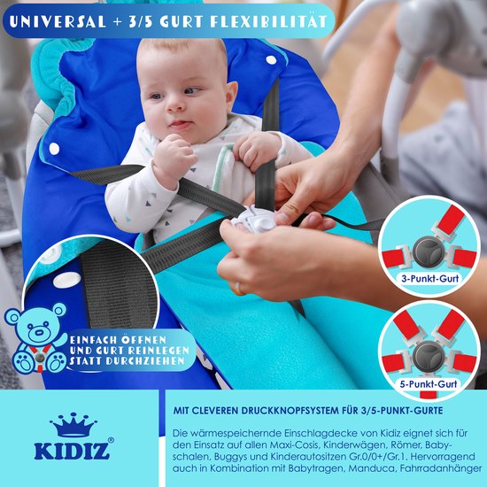 KIDIZ® Baby Slaapzak voor Buggy Voetenzak voor Autostoeltje & Wandelwagen Babyschaal, voor Winter met Kap + Babyslaapzak Deken voor Maxi-Cosi & Kinderwagen alle Gordelsystemen 3 & 5-Puntsgordel - Turkoois / Blauw van Merkloos — afbeelding 3