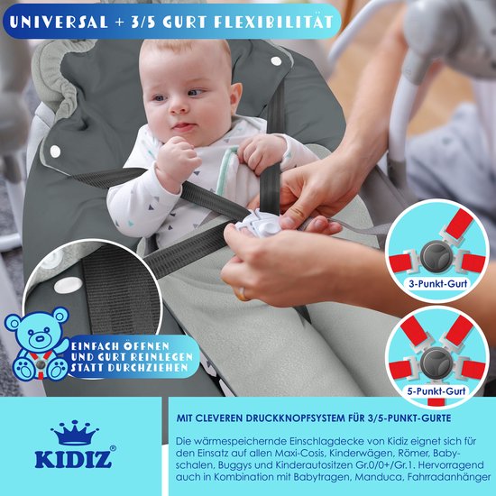 KIDIZ® Baby Slaapzak voor Buggy Voetenzak voor Autostoeltje & Wandelwagen Babyschaal, voor Winter met Kap + Babyslaapzak Deken voor Maxi-Cosi & Kinderwagen alle Gordelsystemen 3 & 5-Puntsgordel - Grijs / Antraciet — afbeelding 3