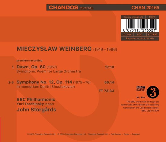 Hoes van de cd 'Mieczysław Weinberg (1919-1996)', met daarop 'première recording', 'Dawn, Op. 60 (1957)' en 'Symphony No. 12, Op. 114 (1975-76)'. Ook de tekst 'BBC Philharmonic', 'Yuri Torchinsky leader' en 'John Storgårds' staan erop.
