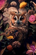 The Owl - 60cm x 90cm - Fotokunst op akoestisch schilderij | Wanddecoratie Vogel Bloemen Uil
