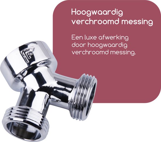 Verchroomd messing Y-stuk met twee 3/4" aansluitingen en de tekst "Hoogwaardig verchroomd messing".