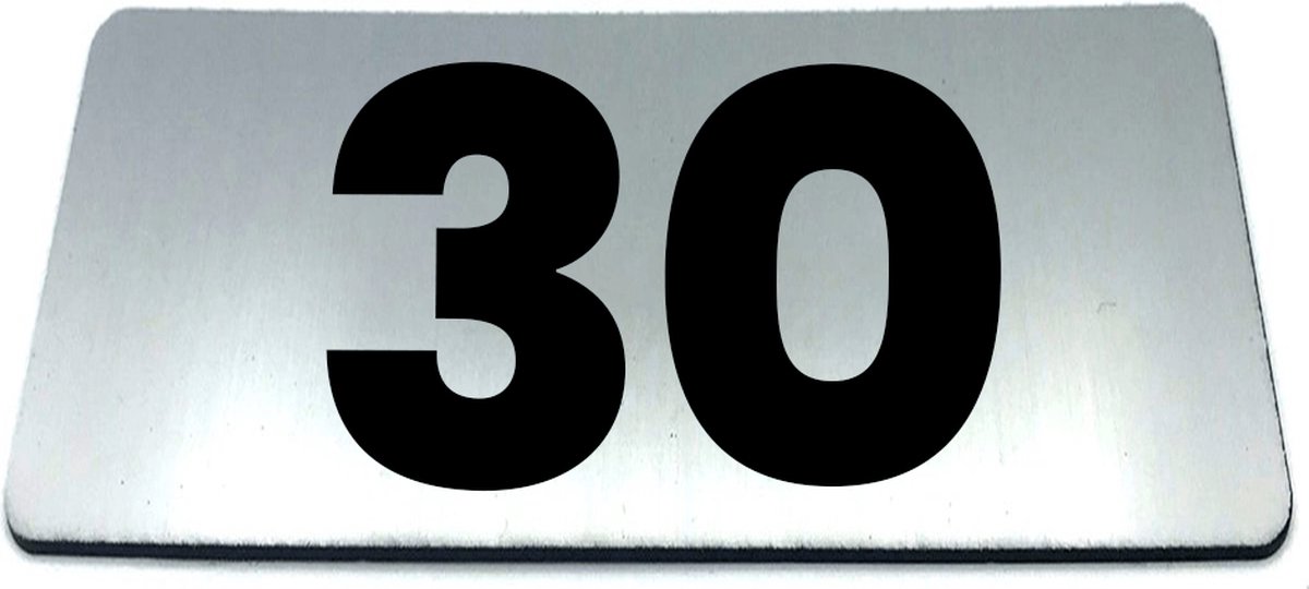 Nummerplaatje 30 - 80 x 50 x 1,6 mm - RVS-look geborsteld - Incl. 3M-tape | Nummerbordje - Deur en kamernummer - brievenbusnummers - Gratis verzending - 5 jaar garantie | Gratis Verzending