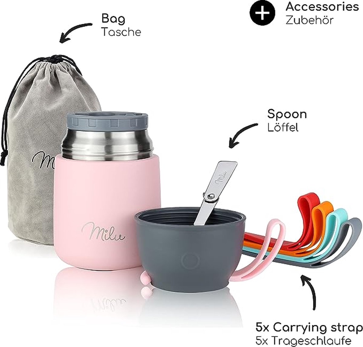 DUNSOO Thermocontainer Voor Eten, 650 Ml, Warmtecontainer Gerechten Roestvrij Staal Met Opvouwbare Lepel Thermische Lunchbox Ideaal Het Bewaren Van Soepen Pap Ijs En Yoghurt Zwart 785131115