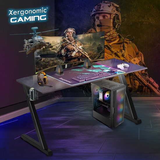 Xergonomic Aurora Xergax Gaming Desk - Bureau met carbonfiber look - Incl. beker-, koptelefoonhouder en kabelorganizer - B125xH75xL62 cm - Zwart