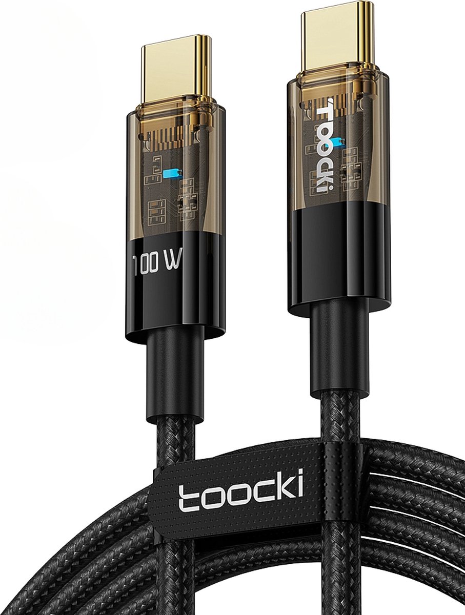 Toocki Usb C Kabel 2.0 - Ultra Fast Charging - USB-C naar USB-C - 100W - 180 Graden Elleboog - 2 Meter - Apple MacBook/iPad, Samsung Galaxy/Note, OnePlus - Tot 8 Keer Sneller - Zwart Nylon