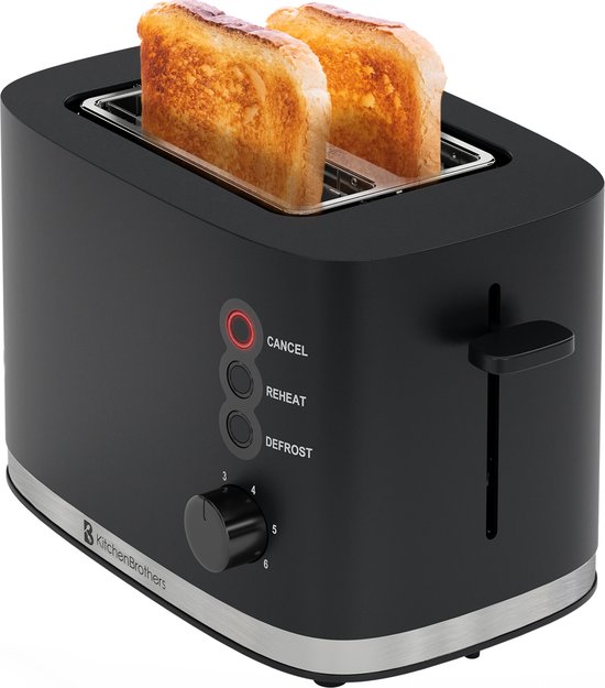 KitchenBrothers Broodrooster - Toaster - 6 Warmteniveaus - 2 Extra Brede Sleuven - 870W - Zwart