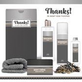 Geschenkset "Thanks! Je bent een topper" - 5 Producten - 800 Gram | Giftset voor hem - Luxe cadeaubox man - Body Crème - Douchegel - Deodorant - Vader - Wellness - Pakket - Cadeau set - Bedankt - Thank You - Broer - Vriend - Collega - Zilver