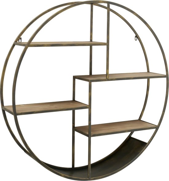 Wandrek - industrieel - Metaal - Hout - Ø 90cm - Bruin - Goud - 19cm