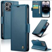 CaseMe - Hoesje geschikt voor iPhone 15 Pro Max - Retro Wallet Book Case - Met Magnetische Sluiting - Blauw