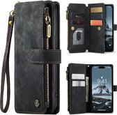 CaseMe - Hoesje geschikt voor iPhone 15 Pro - Vintage Wallet Book Case Ritssluiting - Met Magneetsluiting - Zwart