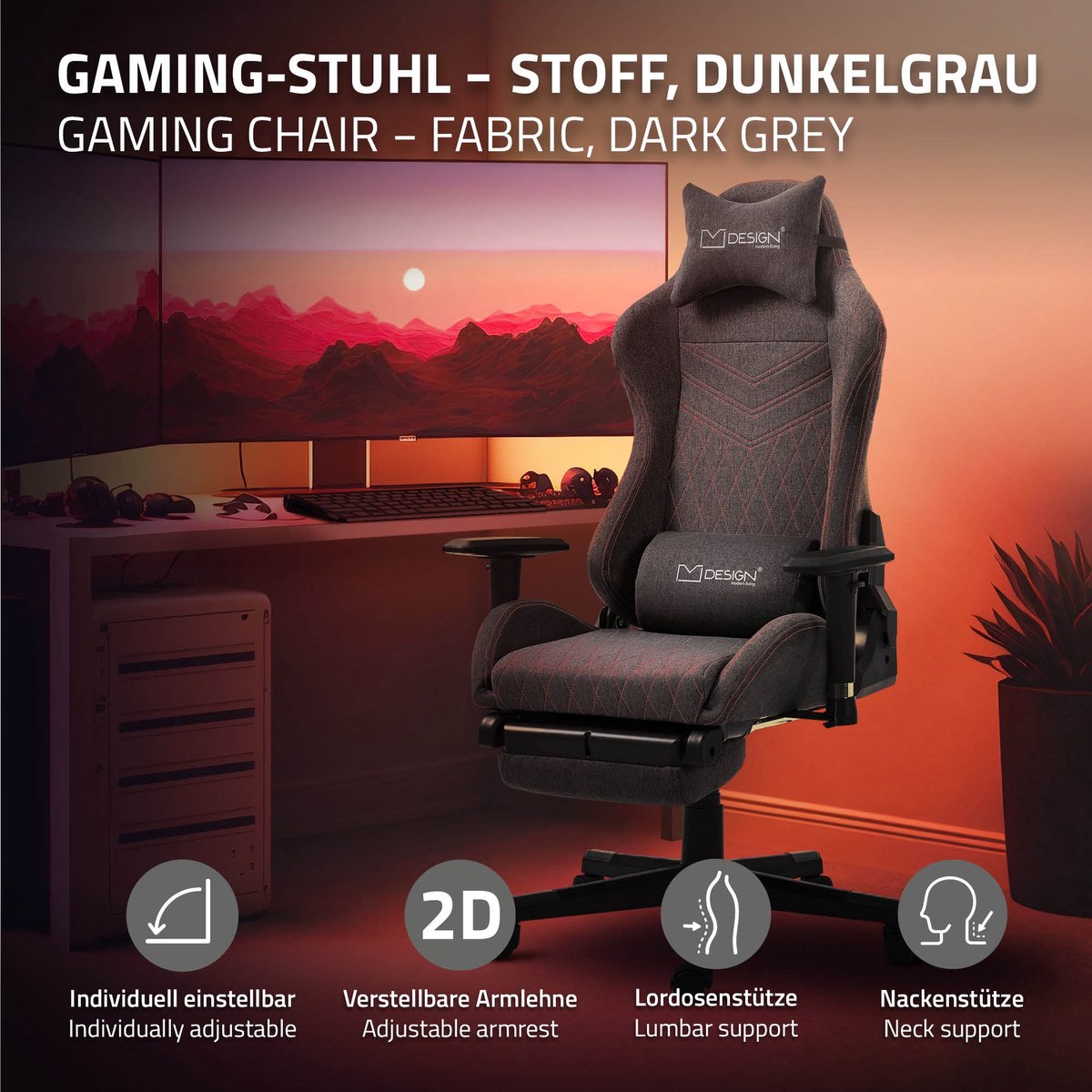 Gaming stoel grijs/rood stof ML-Design - afbeelding 3