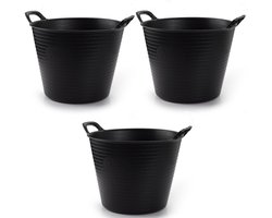 Plasticforte flexibele emmer/kuip - 3x - zwart - kunststof - rond - 25 liter - 42 x 38 x 33 cm - wasmanden - tuinafval - speelgoed