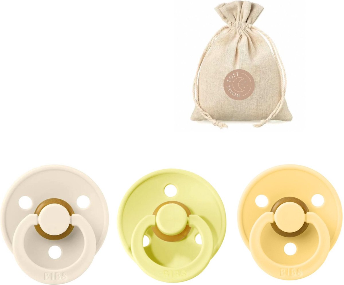 Goedkoopste BIBS spenen T1 met speenzakje - Ivory, Sunshine, Pale butter - 0 tot 6 maanden