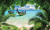 Fotobehang - Vlies Behang - Uitzicht door de Palmbomen op Zee 3D - 312 x 219 cm
