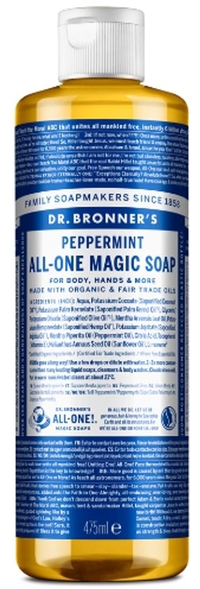 Staande fles Dr. Bronner's Pepermunt All-One Magic Soap 475ml.