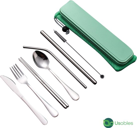 Usables Luxe Groene Mes Lepel Vork Rietje Set - Roestvrij Staal - Hoge Kwaliteit - Draagbaar Doosje - Herbruikbaar - Ecofriendly - Wheat Straw Plastic - Graan Plastic - Duurzaamheid - Milieubewust - Zero Waste - Usables Collectie