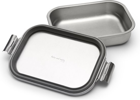 Intérieur du couvercle de la boîte à lunch en inox avec le texte 'Relax and enjoy'.