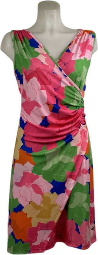 Angelle Milan – Travelkleding voor dames – Multikleur bloemen geplooide mouwloze Jurk – Ademend – Kreukvrij – Duurzame Jurk - In 5 maten! - Maat L