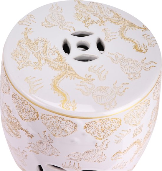 Witte keramische kruk met gouden draken en ornamenten, met perforaties bovenop.