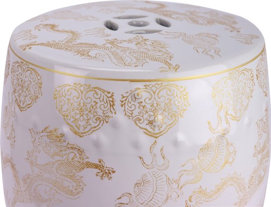 Witte keramische kruk met gouden draken en ornamenten, met perforaties bovenop.