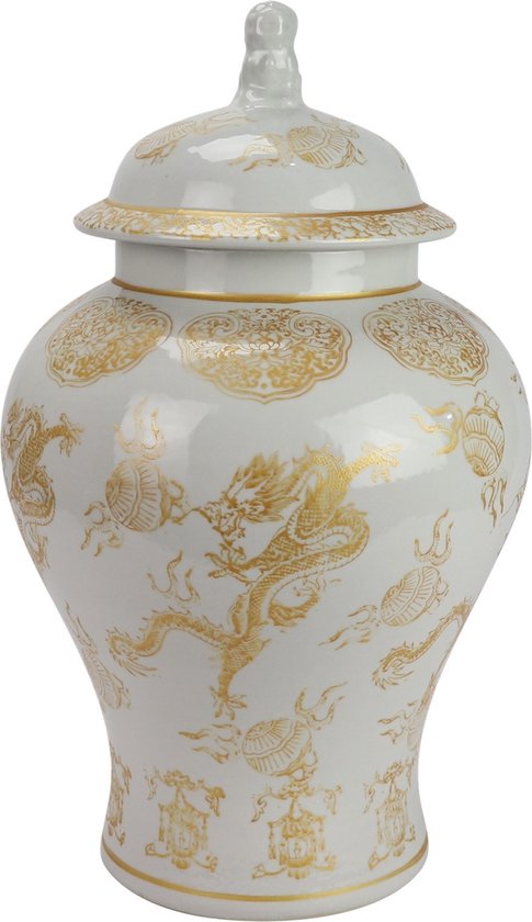Fine Asianliving Chinese Gemberpot Porselein Wit Draak Handgeschilderd D29xH46cm