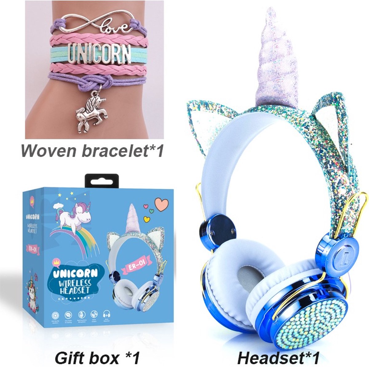 Unicorn Koptelefoon - Met armbandje - Prachtig blauw – Glitter- Headset Eenhoorn – Eenhoorn -Meisjes-