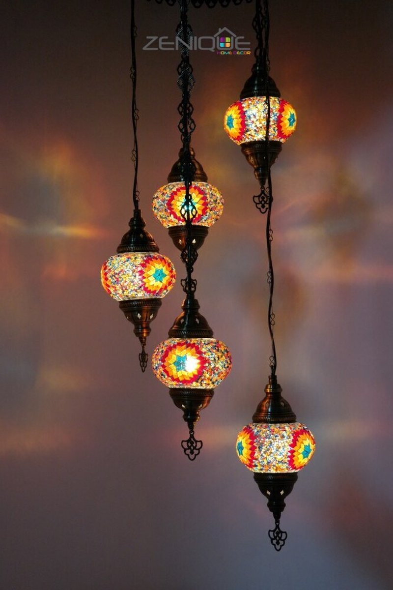 Turkse Lamp - Hanglamp - Mozaïek Lamp - Marokkaanse Lamp - Oosters Lamp - ZENIQUE - Authentiek - Handgemaakt - Kroonluchter - Multicolour ster - 5 bollen