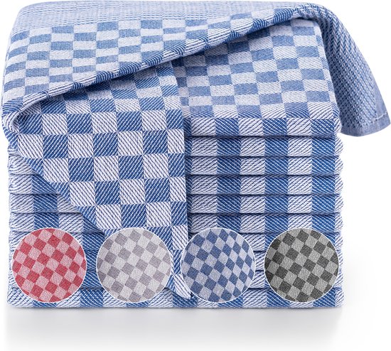 Pile de torchons bleus et blancs à motif à carreaux. Disponible en rouge, gris et bleu.