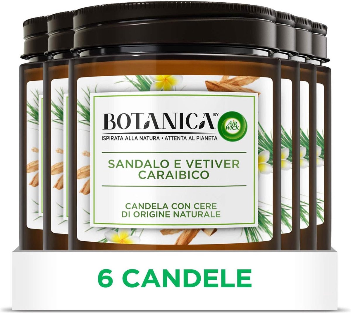 Botanica geurkaarsen met natuurlijke was, verpakking met 6 kaarsen, sandel- en vetivere Caribische geur, natuurlijke geur, 205 g