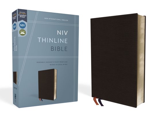 NIV Thinline Bijbel, zwart, met rode letters. Leren kaft, 9-punts lettertype, lay-flat.