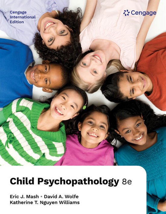 Cengage International Edition Child Psychopathology 8e met zeven lachende kinderen die een cirkel vormen. De kinderen zijn van diverse etniciteiten en leeftijden, liggend op een witte achtergrond.