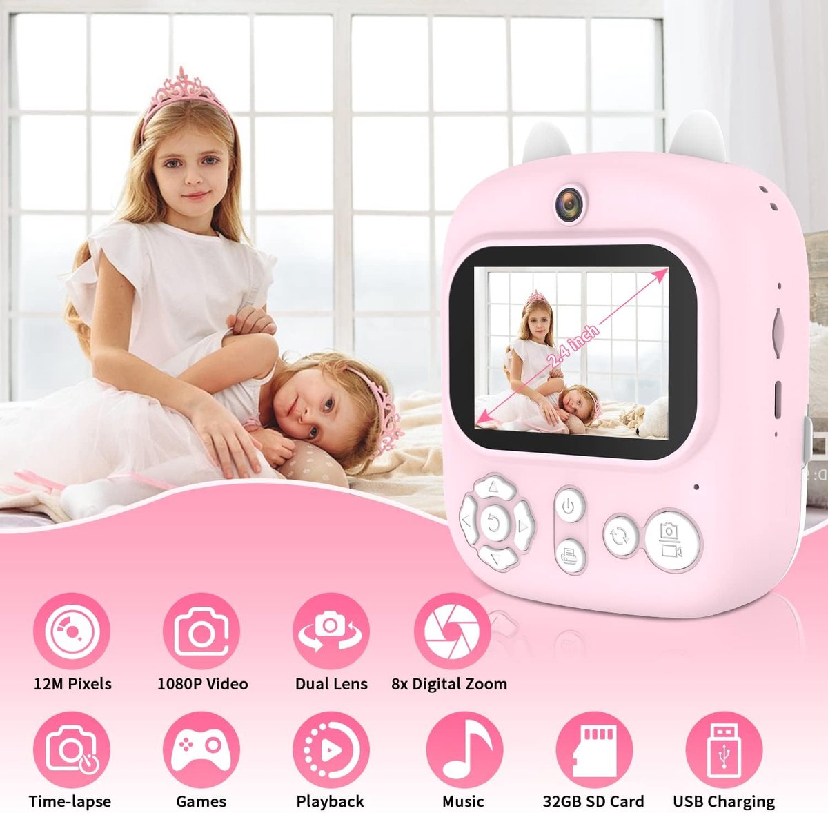 Rose avec carte SD 32G-Appareil photo à impression instantanée pour  enfants, appareil photo numérique HD 1080