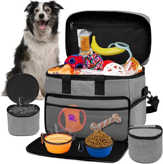 grote reisset voor huisdieren, bevat 2 inklapbare hondenschalen, 2 TravelFood Container hond reisset voor een weekend wegset (grijs, L)