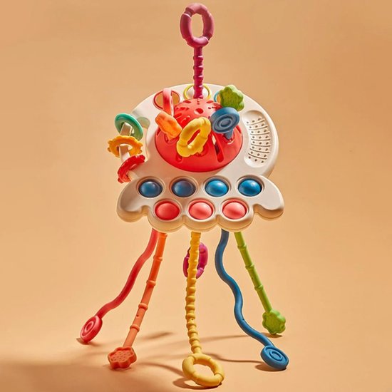 Montessori Octopus Pull Toy - Rood - Montessori Educatief Speelgoed - Siliconen Trekkoord - Activiteitsspeelgoed - Sensorisch Speelgoed Peuters - Reisspeelgoed Baby's - Verantwoord Cadeau Kind - Fijne Motorische Vaardigheden