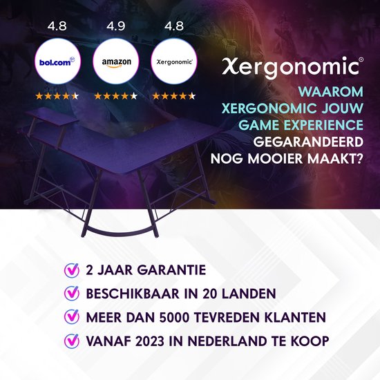 Xergonomic Game Bureau – 130 x 130 x 96.5 cm – Hoekbureau - Game tafel – Computertafel – Gaming Desk – Zwart - Xergonomic