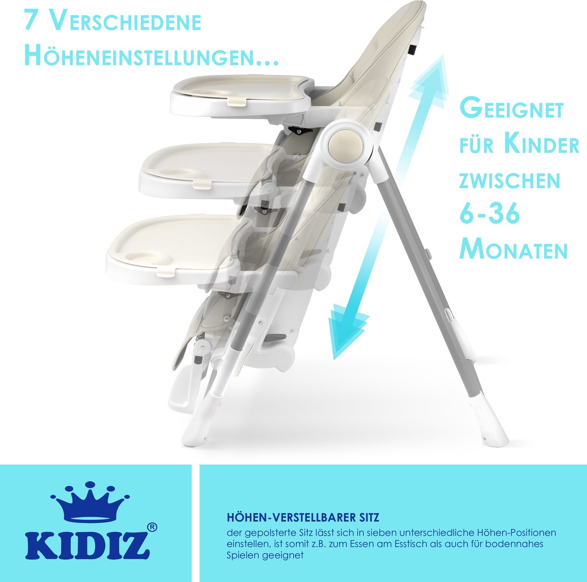 KIDIZ® 3in1 kinderstoel incl. speelbar, Eetstoel, Babystoel, combinatie kinderstoel, 7 in hoogte verstelbare rugleuning, meegroei van 0 maanden tot 6 jaar - Beige thumbnail 3