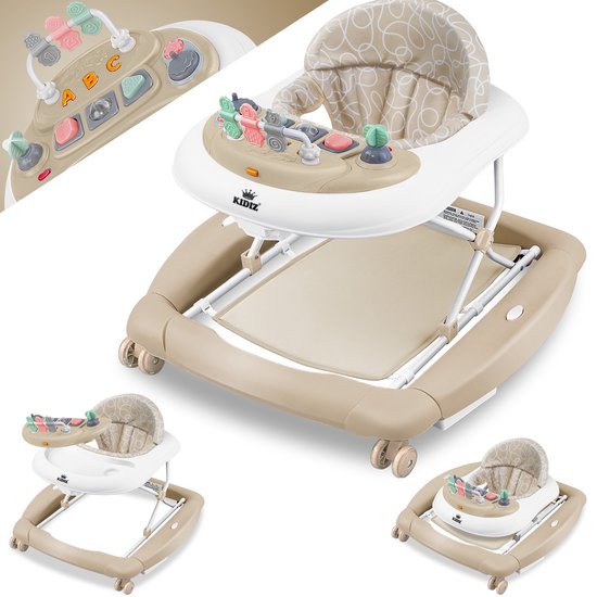 KIDIZ® 4in1 Babywalker / Loopstoel / Loopstoeltje voor Baby speel- en loopstoeltje - schommelfunctie baby wipstoeltje met wielen, licht, muziek, speelcentrum eettafel loopstoel loophulp baby's vanaf 6 maanden opvouwbaar - Khaki