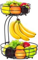 Fruitmand met bananenhouder, 2 verdiepingen, fruitschaal van metaal, staande keuken, moderne fruitschalen, decoratieve groentemand, fruitschaal, zwart