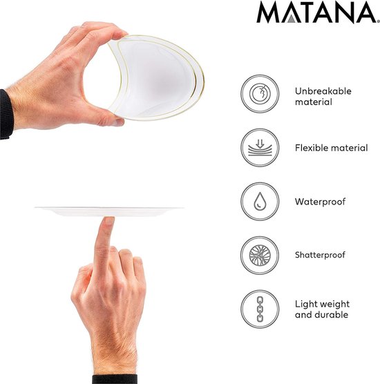 MATANA 150-delig Plastic Feestservies - 50 Witte Feestborden met Gouden Rand (2 Maten), 25 Lepels, 25 Vorken, 25 Messen, 25 Feestbekers - Bruiloften en Verjaardagen van MATANA — afbeelding 5