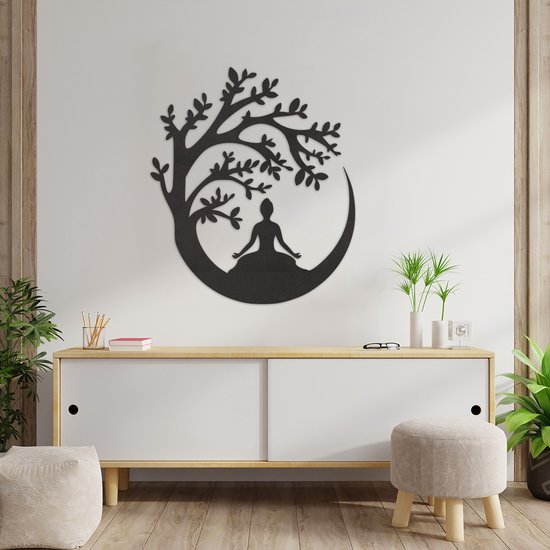 Décoration murale - Yoga Moon - Animaux - Bois - Wall Line Art - Décoration Décoration murale - Salon - Chambre - A Accrocher Au Mur - Zwart - 68,5 x59 cm