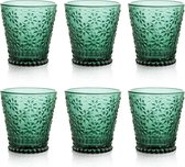 250 ml drinkglazen, kleurrijk glas, set van 6 groene waterglazen met madeliefjespatroon, vintage stapelbaar waterglas voor dranken, cocktails en thee